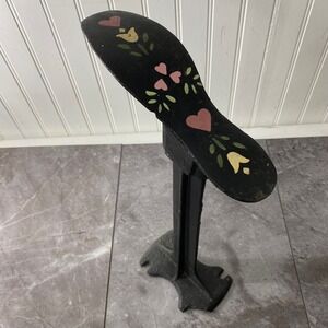 Antique Eclipse Cast Iron Shoe Last Stand 1894 Folk Art Hand Painted Hearts